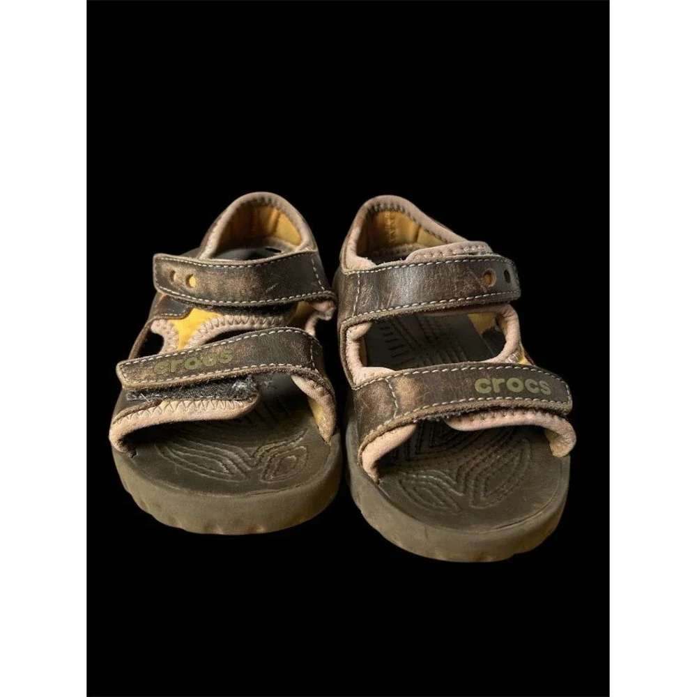 Crocs Kids Brown Leather Mesh Sport Sandals Size C8/9 Hook Loop‎ Straps Rugged